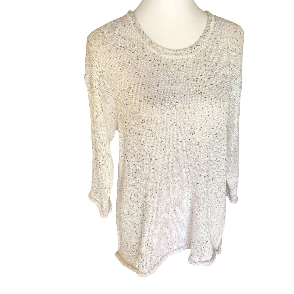 Lulu-B Sequin Top Size M White scoop neck, 3/4 sleeves, can be worn many ways